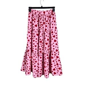 Women Pink Heart Maxi Tiered Skirt Size Large Coquette Fairy Whimsical Soft Girl